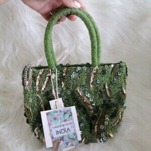 NWT VIRAL Made In India Green Beaded Sequin Mini Purse Hangbag